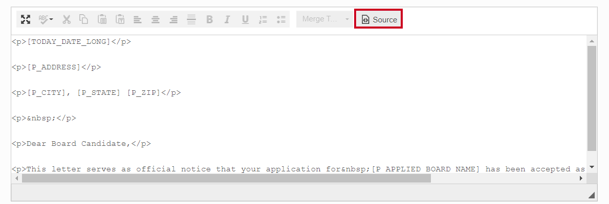 Use the Source button to view the source code of the body field.