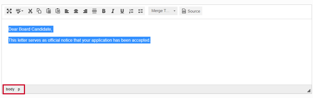 The Body and Paragraph options in the lower-left corner of the text box..