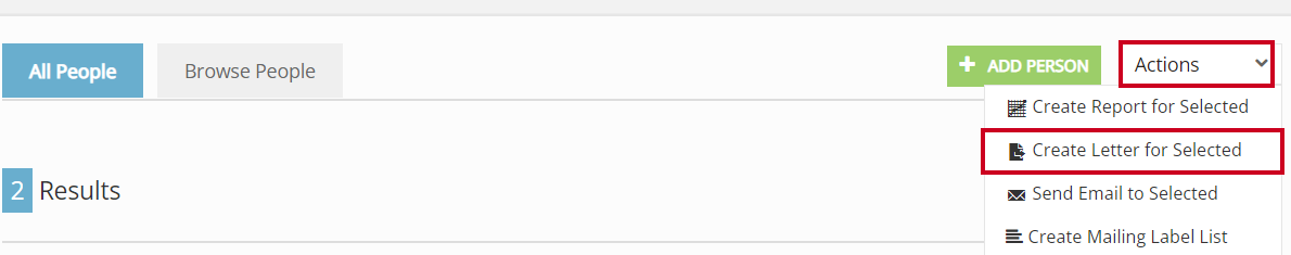 The Actions dropdown menu with the Create Letter for Selected option highlighted.