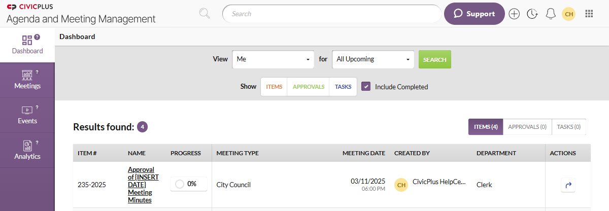 Agend and Meeting Management Select user dashboard.
