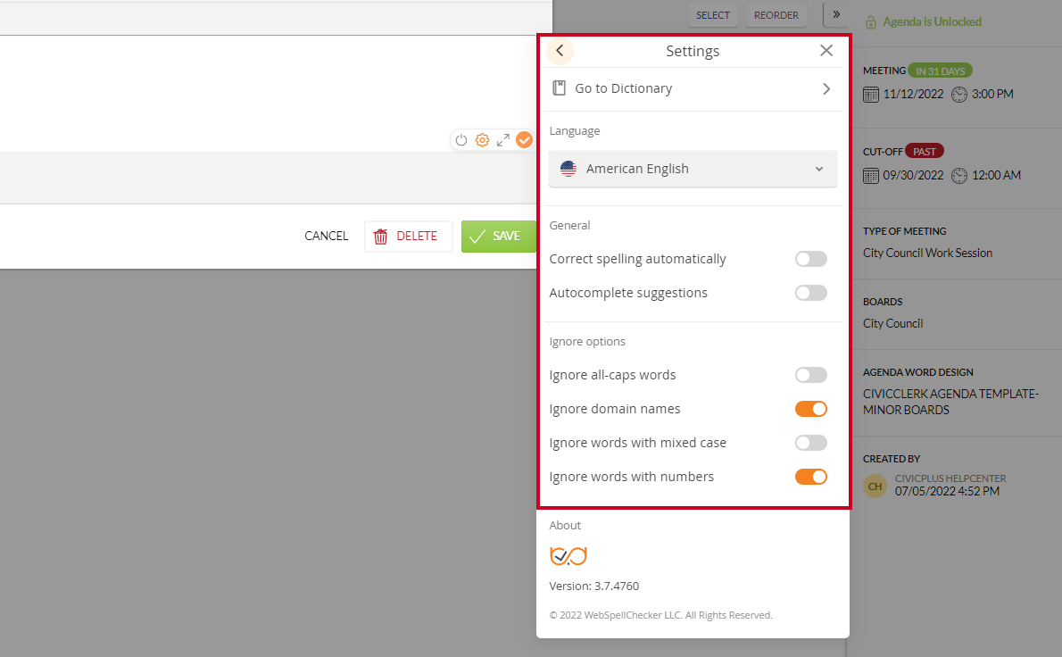 settings options